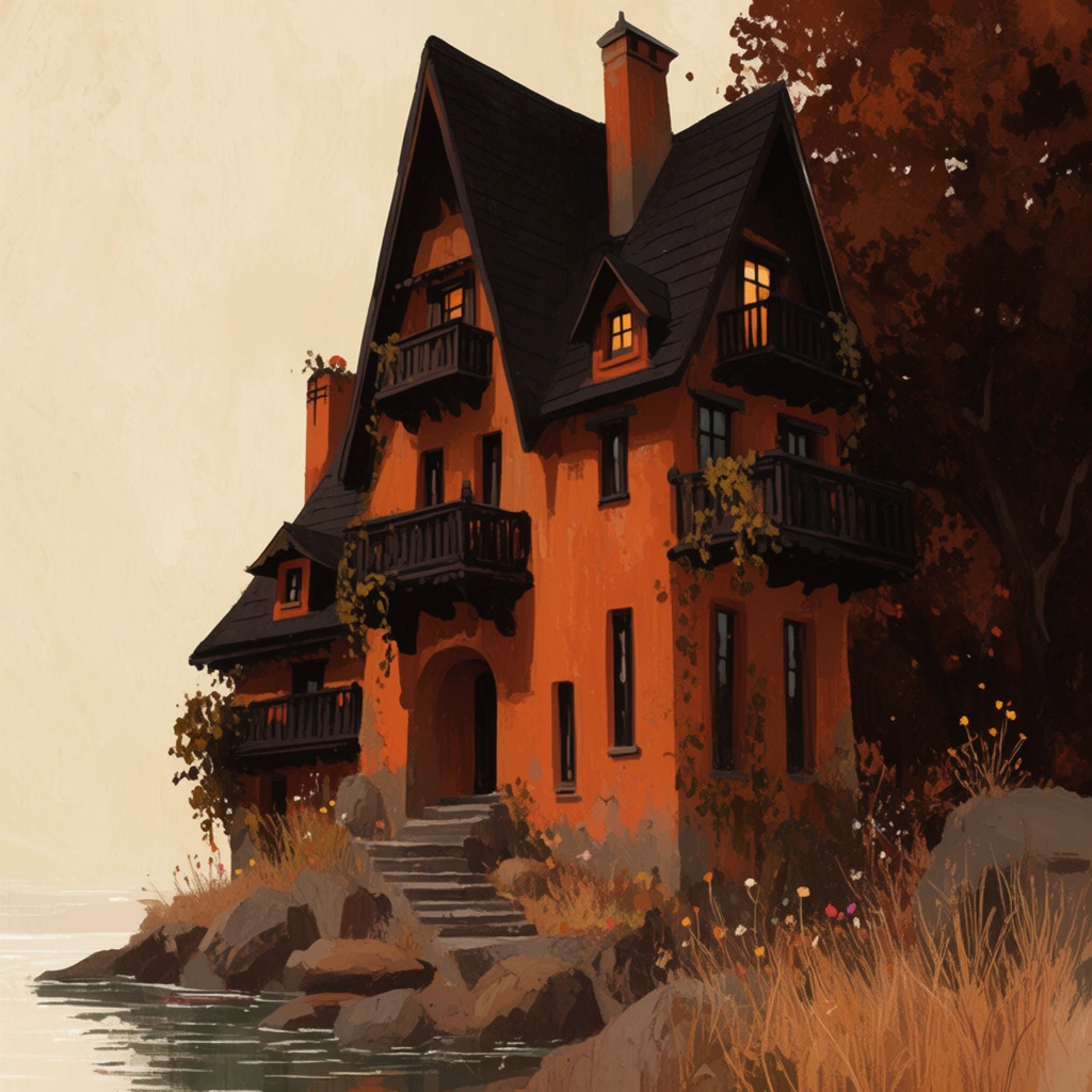 A towering multi-story house with warm orange stucco walls and steep dark gabled roofs perches on a rocky bank beside calm water. Dark wooden balconies draped in vines, tall narrow windows, and stone steps leading to an arched entryway define the eclectic architecture. Warm light glows from upper dormer windows. Dry grass and sparse wildflowers grow among foreground rocks beneath a dense tree framing the right. The painterly digital illustration features visible brushstrokes, an autumnal palette of burnt sienna and deep brown, and a textured pale cream sky.