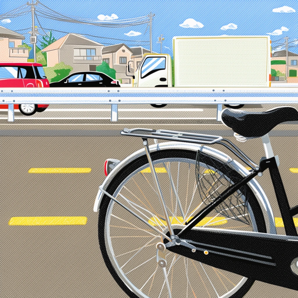 A close-up view of the rear half of a parked bicycle sits in the right foreground, rendered in a bright pop-art illustration style. The black and silver bicycle showcases its spoked wheel, curved fender, rear rack, and black saddle. A paved street with yellow dashed lines leads to a white safety guardrail. Behind the rail, a red car, a black car, and a white delivery truck pass by. The background features suburban houses, utility poles, and a blue sky with small white clouds. Meticulously constructed using varied screentone patterns, the image combines diagonal cross-hatching and dense Ben-Day dots to create texture, shading, and flat color blocks in a crisp graphic novel aesthetic.