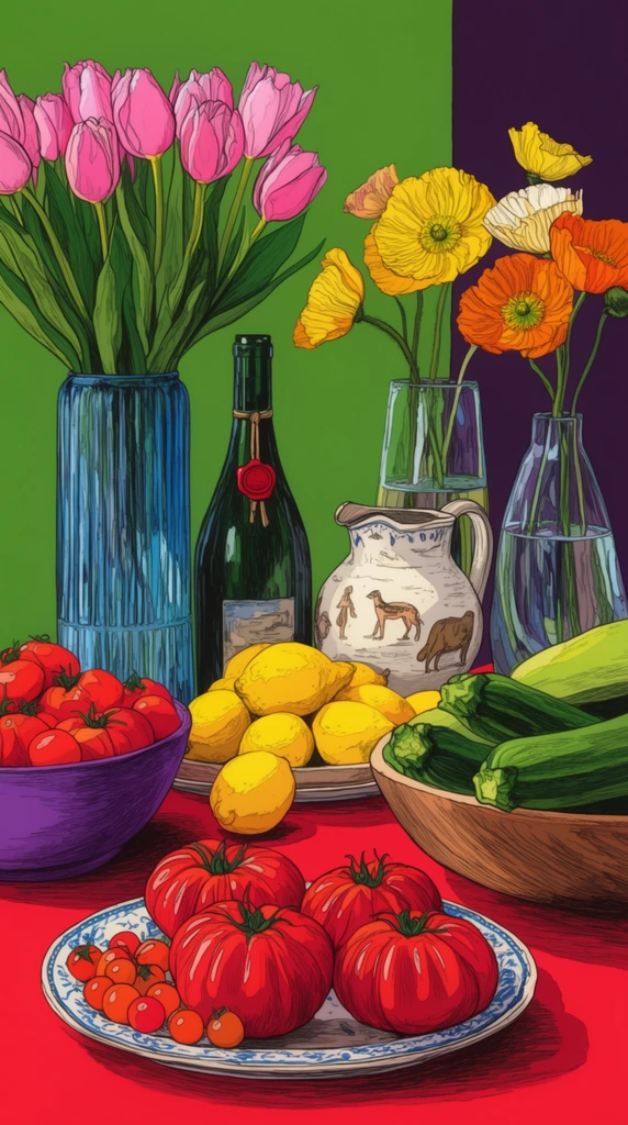 vibrant still life illustration on a bright red tabletop, bold black contour lines and hatched shading, ribbed red tomatoes and cherry tomatoes on a front plate, tall fluted blue glass vase containing pink tulips, central cluster of bright yellow lemons, dark green glass bottle with a red wax seal, purple bowl of tomatoes, white ceramic pitcher with animal motifs, clear glass vases holding yellow and orange poppies, wooden bowl filled with green zucchini, split lime green and dark purple background walls, highly saturated colors, flat graphic pop art aesthetic