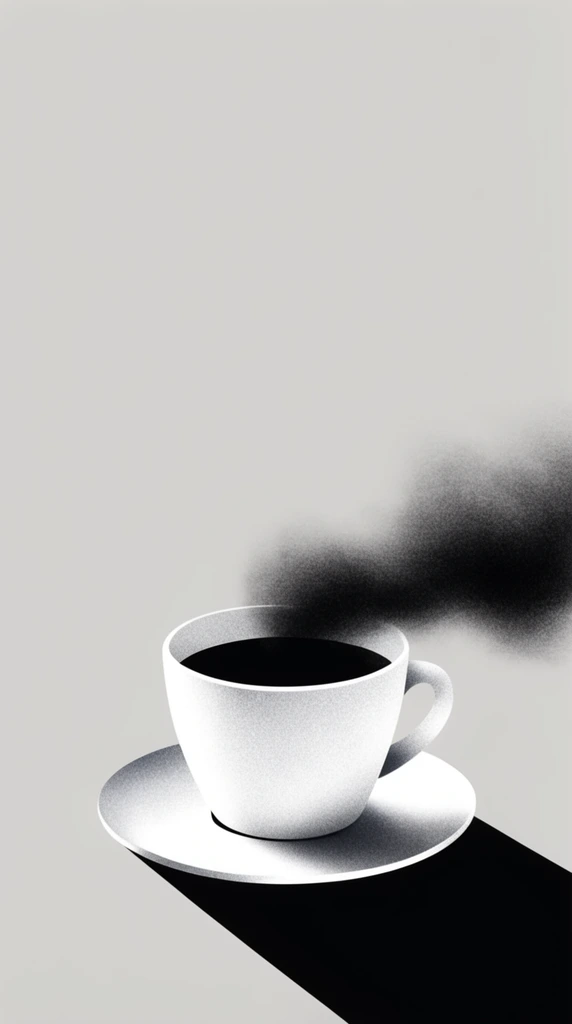 white coffee cup on a saucer, dense horizontal cloud of grainy dark smoke rising from black liquid, long sharp diagonal shadow, vast light grey background, extreme negative space, minimalist stippled digital illustration