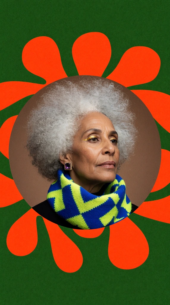 A portrait of an older woman with a voluminous silver afro is enclosed in a circular frame against a heavily textured graphic background. She features striking gold eyeliner, a square amethyst earring, and a thick neon blue and yellow geometric scarf. Behind the brown-bordered circle, a flat, abstract bright orange floral motif spreads outward across a grainy forest-green canvas. The piece blends photorealistic portraiture with high-contrast flat graphic design elements and heavy film grain, yielding a bold pop-art aesthetic.