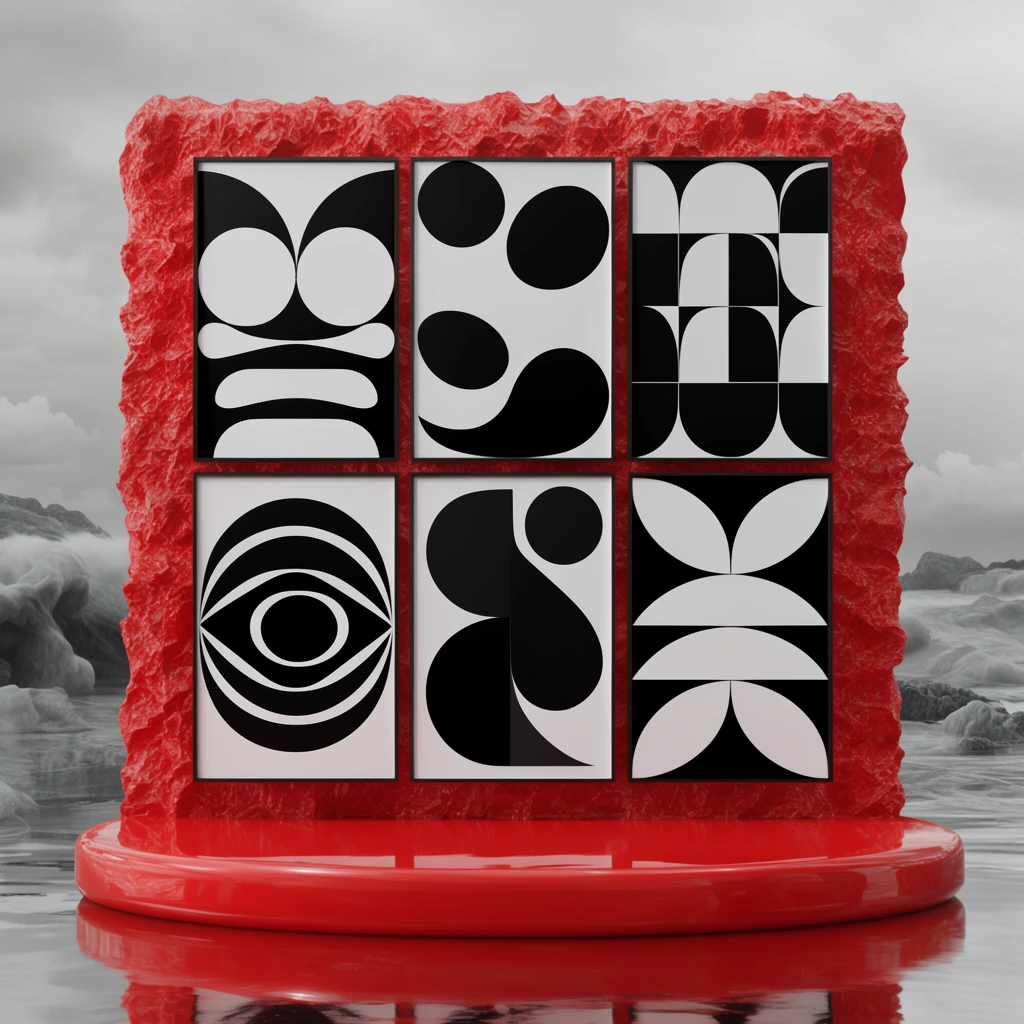 Grid of abstract black and white geometric posters, glossy red display platform, textured red framing, surreal grey coastal background, 3D render