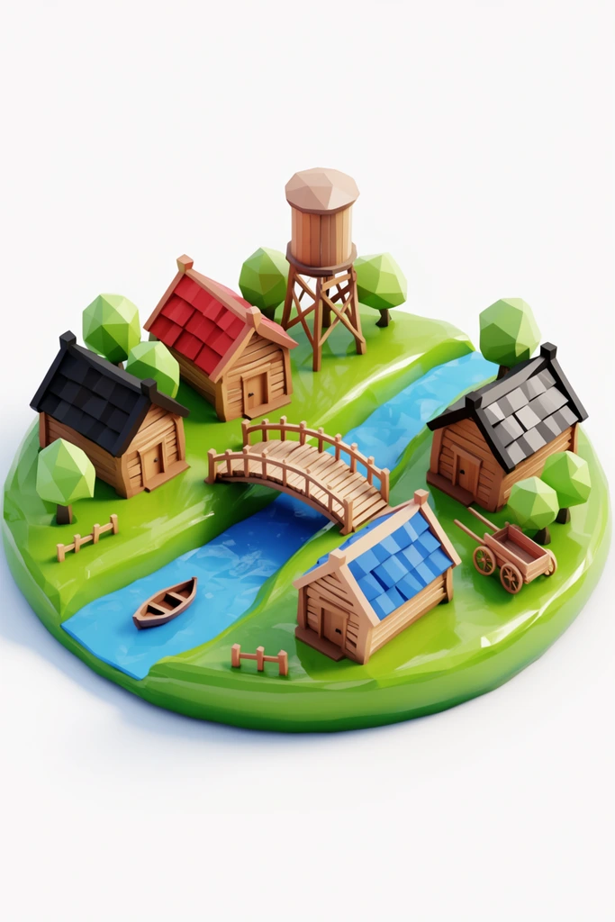 A low-poly 3D render of a circular village diorama against a solid white background. A winding blue river bisects glossy green terrain, crossed by an arched wooden bridge. Wooden cabins with faceted red, black, and blue roofs sit alongside angular green trees and a tall wooden water tower on stilts. A small brown boat floats in the water near tiny fences and a wooden cart. The composition uses a high-angle perspective, bright clean lighting, and vibrant colors to highlight the miniature, toy-like aesthetic.