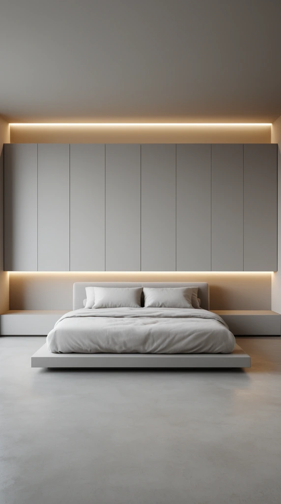 A minimalist bedroom centers on a low platform bed dressed in soft, light gray linens. Expansive matte gray paneled cabinets form the backdrop, illuminated by continuous warm horizontal LED strip lights glowing from deep upper and lower recesses. Symmetrical built-in nightstands stretch across a seamless concrete floor. Diffused daylight highlights the pristine monochromatic warm-gray palette, precise frontal perspective, and sleek architectural styling.