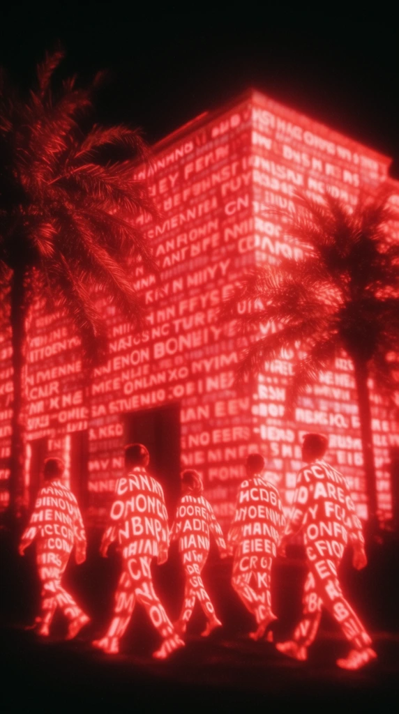 A building flanked by palm trees and five walking people, all entirely enveloped in luminous, glowing neon red typography projected against deep pitch-black shadows. The architectural planes of the building, the sweeping textured fronds of the palm trees, and the moving figures of the five individuals serve as a three-dimensional canvas for intense crimson text wrapping tightly across every surface. The five figures stride through the foreground, their human forms defined purely by the curved distortion of the projected digital characters conforming to their bodies. The surrounding environment merges into solid, absolute blackness, creating extreme high-contrast illumination driven solely by the radiant red light of the overlaid text. The visual execution features a heavy bloom and halation effect radiating from the bright red highlights, paired with a soft optical focus, subtle photographic grain, and a strict monochromatic palette of blinding neon red and deep black, rendering an immersive, data-drenched aesthetic.