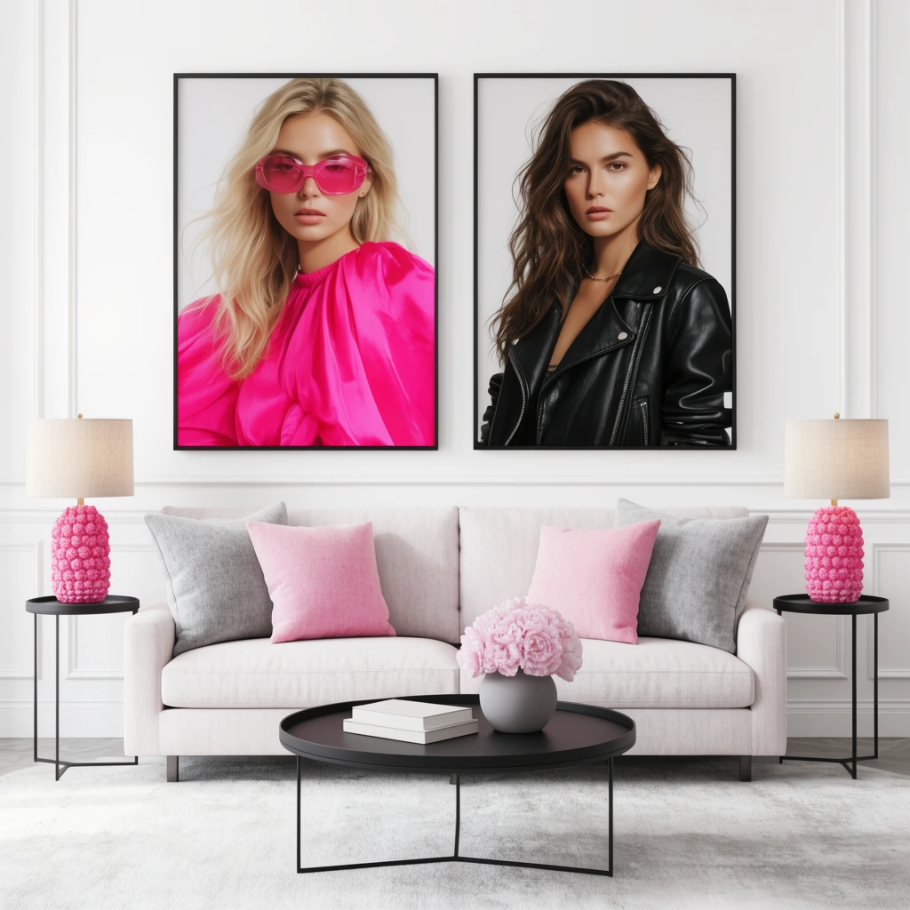 A symmetrical living room featuring a pale sofa beneath two large framed fashion portraits on a white wall. The left portrait shows a blonde woman in a vibrant pink top and pink sunglasses; the right depicts a brunette in a black leather jacket. Grey and pink pillows, a round black coffee table, and matching side tables with textured pink lamps complete the bright, high-key interior photography.