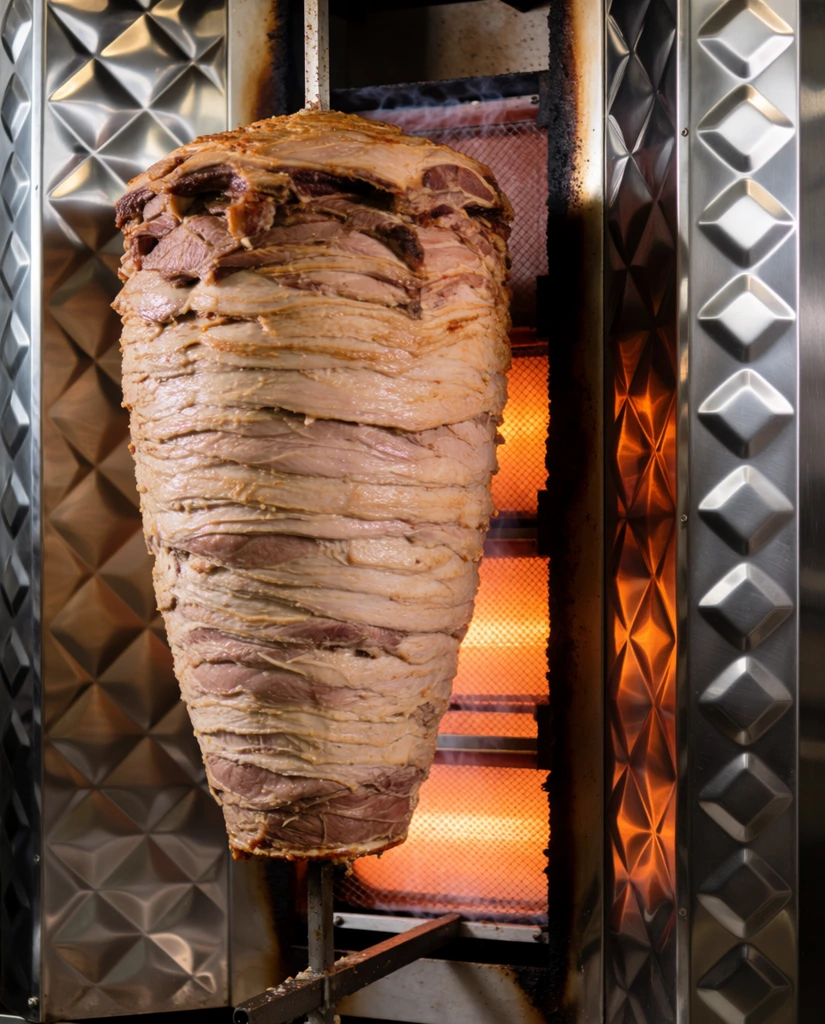 A massive, inverted cone of layered, pale-brown meat rotates on a vertical spit centered within an industrial cooker. The heavily textured, tiered surface of the meat tapers sharply toward a narrow base. Directly behind the spit, a vertical heating element glows with intense warm orange light through a dark wire grid. The surrounding machinery features gleaming stainless-steel panels embossed with a repeating, reflective diamond-quilted pattern. The composition juxtaposes the organic, rough ridges of the roasting meat against the machined geometry of the metal background under contrasting warm radiant heat and cool ambient reflections.
