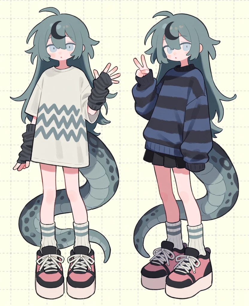 Two side-by-side full-body illustrations showcase an anime-style girl with long teal hair and a thick, reptilian tail in two different casual outfits. The character on the left stands facing forward, wearing an oversized off-white t-shirt decorated with a grey zig-zag pattern across the midsection, paired with dark grey fingerless arm warmers. On the right, she stands at a slight angle, dressed in a baggy, horizontally striped dark blue and black sweater and a short black pleated skirt. Both versions feature the same large, chunky platform sneakers with pink and black panels and white laces, worn over white and grey striped crew socks. The girl has messy, voluminous teal hair with a distinct black crescent-moon shape on her bangs, framing her wide, pale blue eyes and small mouth. A long, thick, scaly tail in shades of grey and teal with darker spots curls from behind her waist and winds down around her legs. In the left illustration, she holds her left hand up with fingers spread, while on the right, she makes a peace sign with her right hand. The background is a simple, pale cream color with a subtle, light-grey dashed grid pattern. The artistic style is characterized by soft, colored line art, a muted color palette, and flat, cel-shaded lighting.