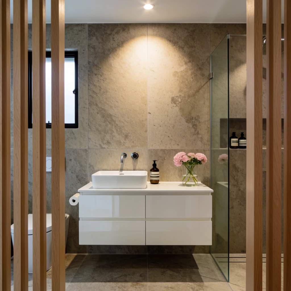 A modern, minimalist bathroom framed symmetrically by vertical light wood slats in the foreground. Centered in the view is a floating, glossy white dual-drawer vanity mounted against a wall of large, textured taupe stone tiles. A rectangular white vessel sink sits on the left side of the countertop beneath a wall-mounted chrome faucet. A dark amber pump bottle rests beside the sink, and a clear glass vase holding pink blooms sits on the right. Warm overhead spotlighting casts a soft circular glow down the center of the stone wall. A clear glass shower panel on the right reveals small bath bottles on a shelf, while a white toilet and a small black-framed window are partially visible through the slats on the left. The floor features matching grey stone tiles, completing the sleek, contemporary aesthetic.