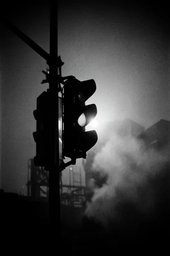 Atmospheric Monochromatic Noir style reference image — heavy film grain