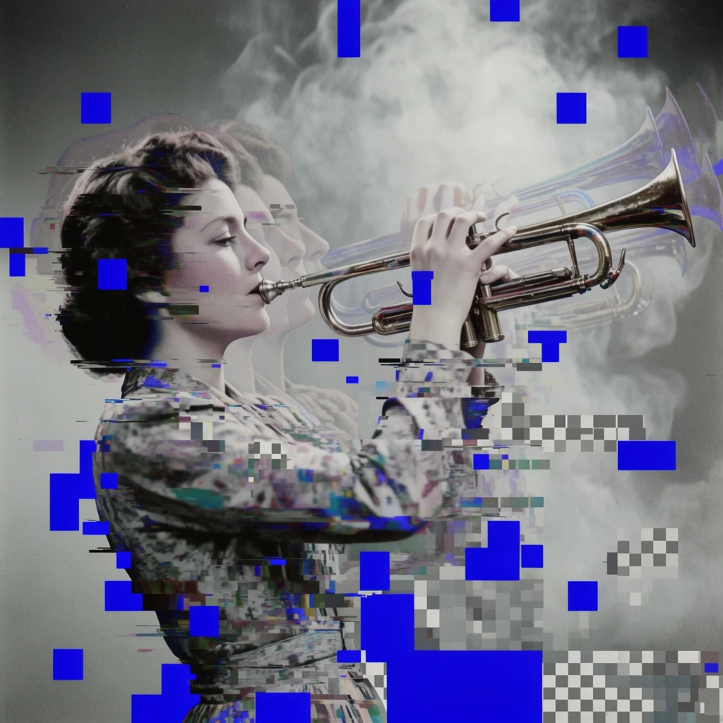 A woman in profile view holds a trumpet to her mouth with her hands gripping the valves, rendered in a heavily datamoshed, colorized vintage photography style. Multiple faint, offset outlines of the woman and the trumpet are visible behind and around the primary figure, blending into a background filled with clouds of smoke. Aggressive digital glitch artifacts disrupt the entire composition, characterized by stark, flat cobalt blue squares and rectangles scattered chaotically across the foreground and background. Horizontal digital smearing, pixel sorting, and patches of gray-and-white checkered noise fracture the woman's form, the instrument, and the surrounding smoke. The color grading contrasts a desaturated, muted base palette of cool grays and subtle skin tones against the jarring, vivid electric blue geometric interruptions. The interplay of smooth photographic grain and sharp, unshaded digital pixelation creates a fragmented, corrupted visual texture under flat, even lighting.