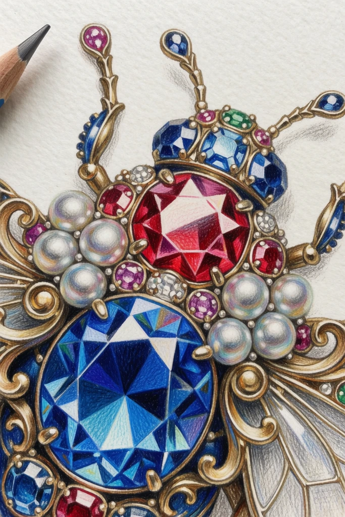 highly detailed colored pencil drawing of an ornate jeweled insect crest, large central multifaceted blue gemstone, prominent faceted red stone, intricate clusters of silver pearls, curling metallic gold filigree, delicate antennae with tiny inset jewels, precise cross-hatching shading, textured off-white paper, graphite pencil tip visible in the top left corner, macro perspective, intricate jewelry design aesthetic