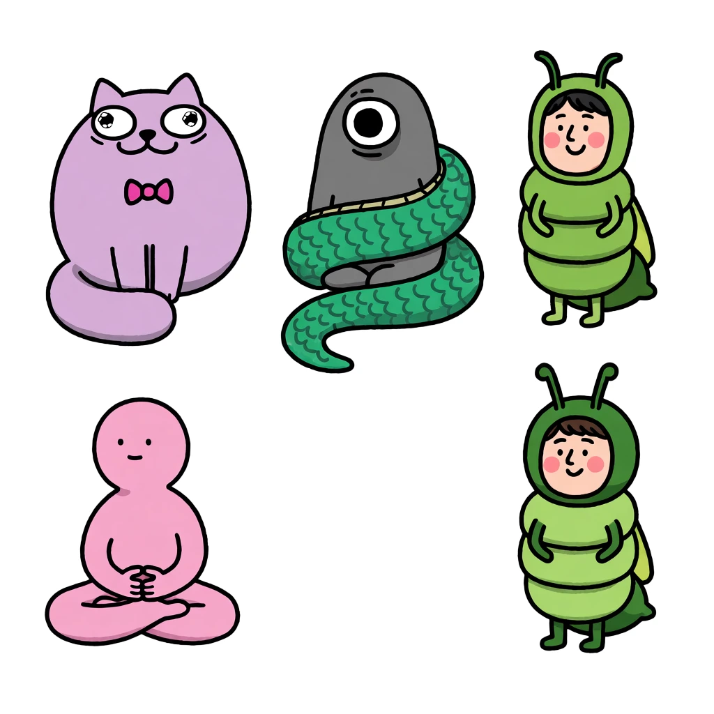 A collection of six unique, whimsical cartoon characters is arranged in two rows of three against a plain white background. In the top left, a round, lavender-colored cat-like creature with large, bulging eyes and a pink bowtie sits with its long tail coiled beneath its body. Beside it, a small grey blob with a single large eye is partially wrapped in a scaled, greenish-yellow tail. In the top right, a human character with pink cheeks wears a segmented green insect costume that features antennae and six small legs. The bottom row begins on the left with a pink humanoid figure sitting cross-legged in a meditative pose with its hands joined; a green, leafy cabbage-like sprout emerges from the top of its head. In the bottom center, a large-headed creature with white skin and irregular red and black spots, resembling a koi fish, stands upright with a brown satchel slung across its body, while two tiny matching fish float above its head. The bottom right features a complex, vertical arrangement of characters including a blue creature with pink rings around its body stacked on top of a yellow, mask-like figure with large eyes and multiple hands. The illustration style is characterized by clean, black outlines, flat colors with minimal shading, and a playful, imaginative aesthetic. In the bottom right corner, a circular grey watermark contains the text "ILYAKAZAKOV.COM" along the outer edge and several characters in Japanese script at the top.