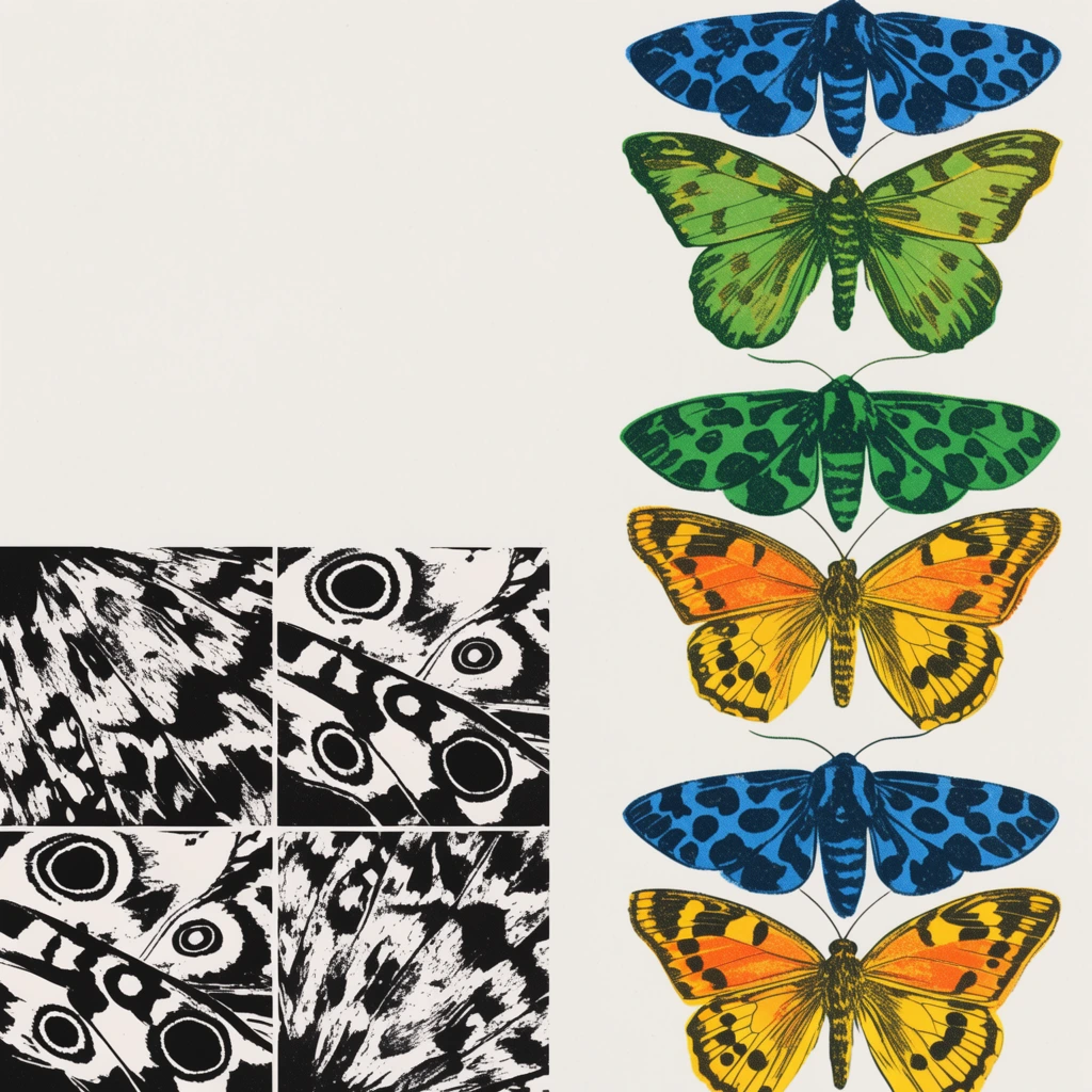 A graphic collage contrasting colorful vintage nature illustrations with harsh monochrome abstraction on an off-white background. The right side features a vertical column of three identical stacked groupings of a dark blue-spotted moth, a green moth, and a yellow-orange butterfly. The bottom-left quadrant holds a grid of four high-contrast black-and-white panels depicting woodcut-style close-ups of abstract wing patterns, repeating eye-spots, and jagged organic textures. The artwork mimics retro screen-printing with visible halftone grain.