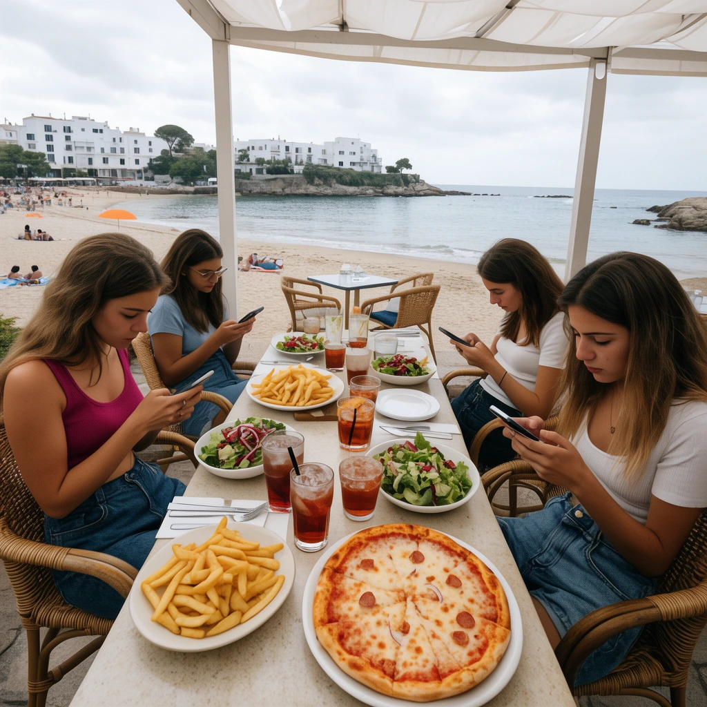 Young women sit at an outdoor coastal restaurant table laden with pizza, fries, salads, and iced drinks, gazing down at their smartphones. They occupy wicker chairs under a white canopy. A sandy beach, calm ocean water, distant beachgoers, and white coastal buildings across a bay appear in the background under overcast daylight. The first-person perspective highlights the abundant food spread and relaxed seaside environment.