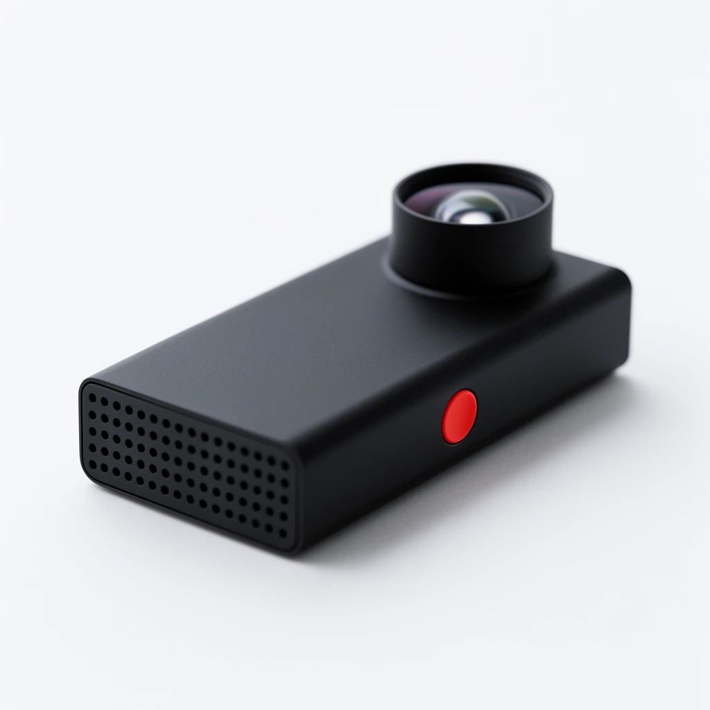 matte black rectangular device, top-mounted cylindrical lens, bright red circular side button, perforated front edge, seamless white background, shallow depth of field