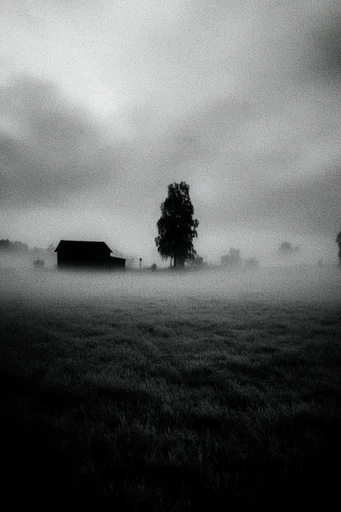 Monochrome Ethereal Noir style reference image — heavy film grain