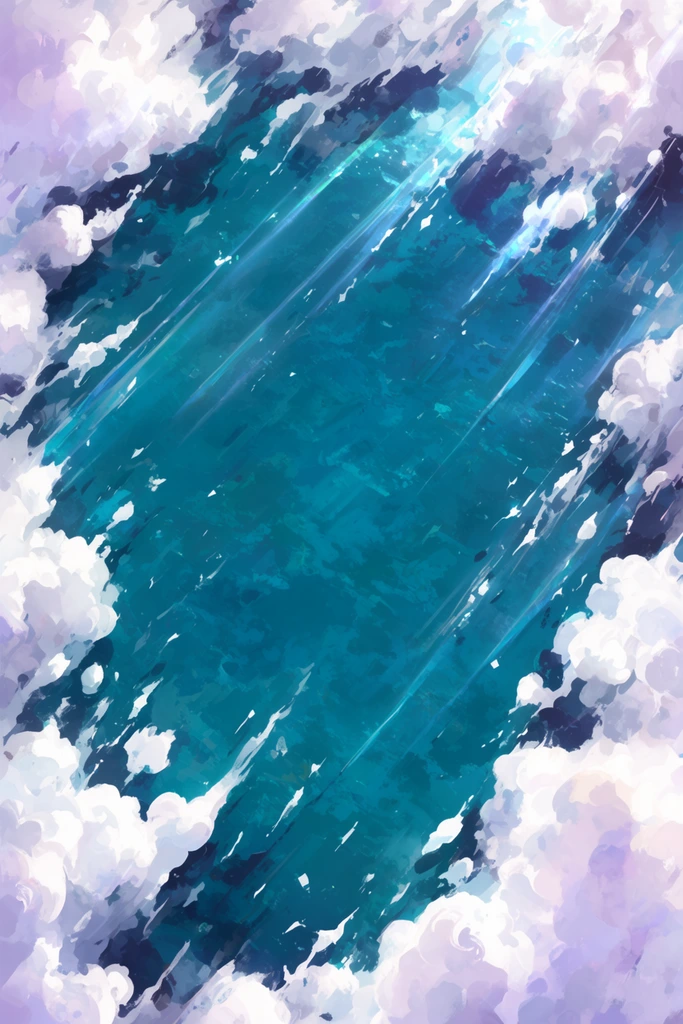 A stylized top-down digital painting of a vibrant deep teal expanse framed by voluminous white and pale lavender clouds. Diagonal light rays and wispy fragments sweep across the textured azure center, rendered with expressive, luminous brushstrokes.