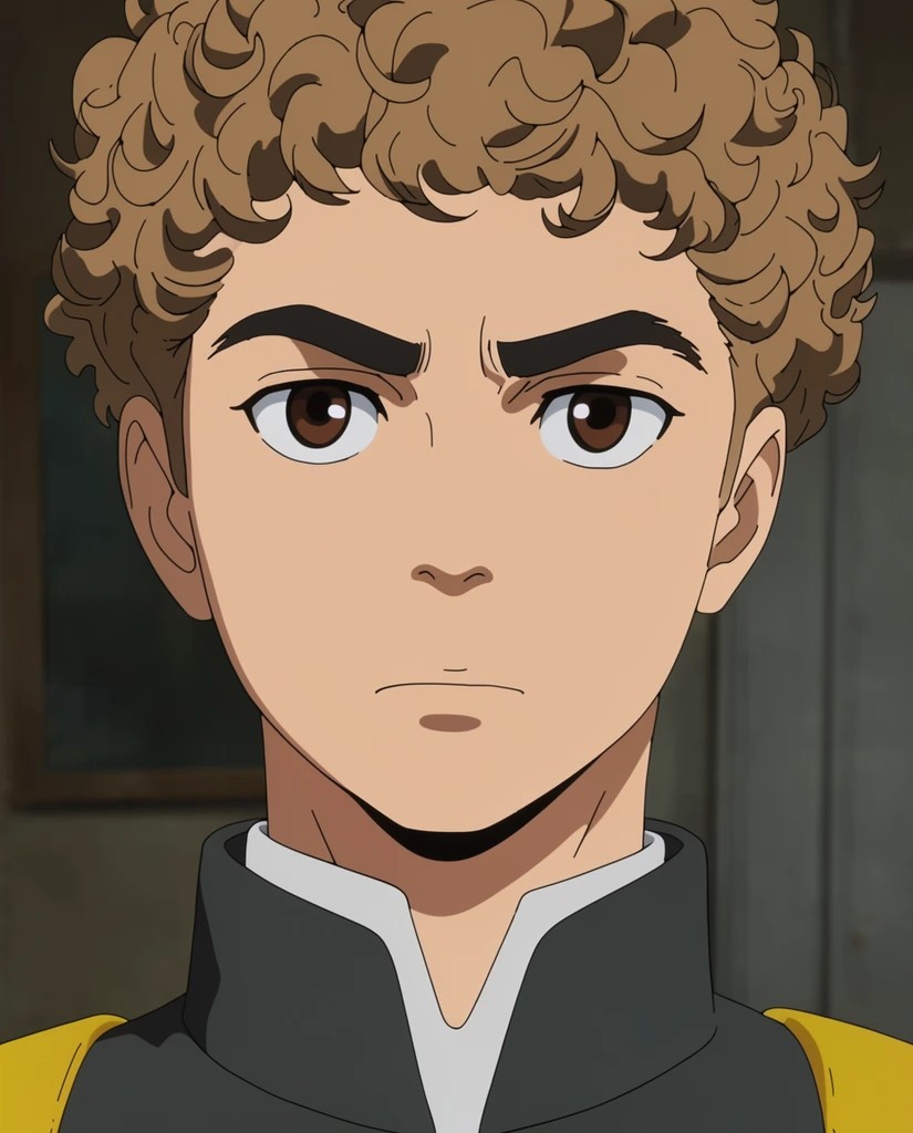 close-up anime portrait of a young man, curly light brown hair, thick dark eyebrows, large brown eyes, serious expression, dark grey high-collared jacket, white undershirt, yellow shoulder accents, 2D animation style, cel shading, muted indoor background, distinct line art