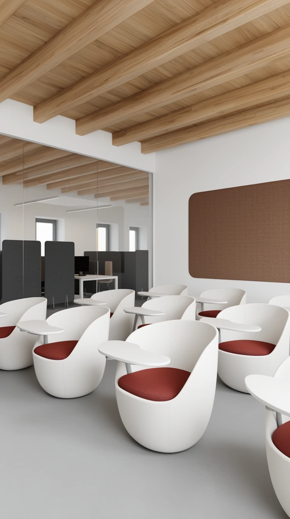 A 3D architectural rendering of a minimalist classroom featuring curved white pod chairs with attached writing tablets and reddish-brown cushions. Arranged on a smooth grey floor against white walls with a brown acoustic panel, the space features exposed wooden ceiling beams. A glass partition reveals an adjacent office with dark grey dividers under bright, uniform lighting.