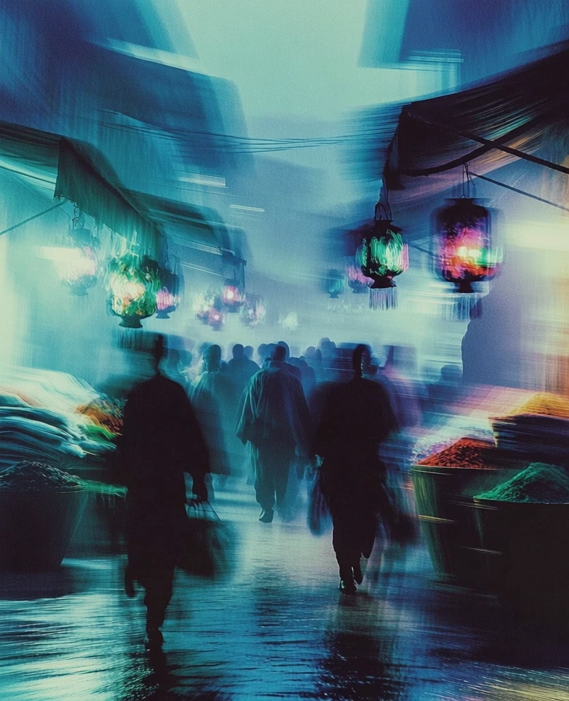 a crowded marketplace in a narrow alleyway with intense horizontal motion blur, ethereal dreamlike atmosphere, heavy film grain, dark silhouettes of figures, hanging lanterns casting vibrant pops of saturated neon light, dominant teal and deep indigo blue color palette, spice barrels and stacked fabrics rendered as soft smears of motion, reflective wet pavement, low-angle perspective, impressionistic and moody aesthetic, high-contrast silhouettes, blurred light trails