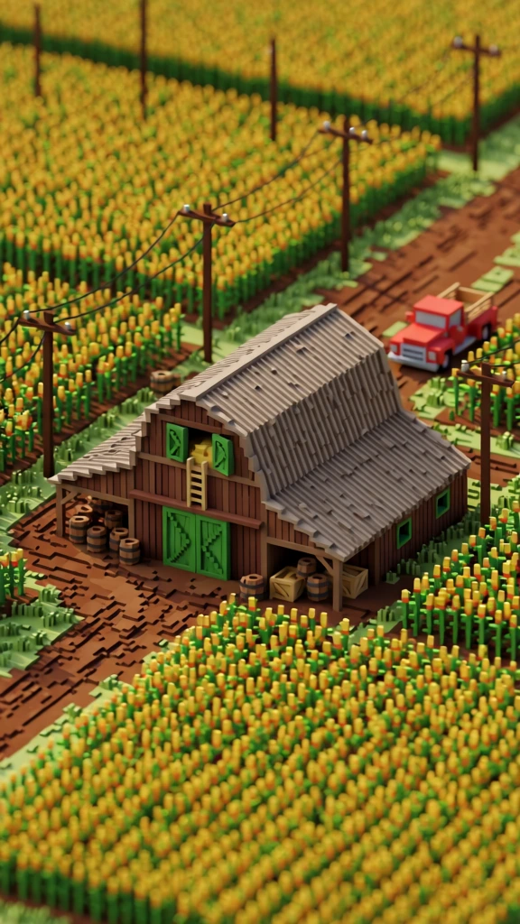 A voxel-style 3D miniature of a rural farm features a central brown barn with a gambrel roof situated among lush cornfields and dirt paths. The barn is constructed from vertical brown wooden planks with a dark grey corrugated roof and accented with large green double doors on the ground level and a matching green hayloft door above. Small wooden lean-tos extend from the sides of the barn, sheltering several wooden crates and barrels. A small red pickup truck is parked on a muddy brown dirt path behind the barn, which is marked with visible tire tracks. Multiple dark, thin utility poles stand along the edges of the paths. Surrounding the barn are dense blocks of yellow and green corn stalks arranged in neat, rectilinear rows. The image employs a tilt-shift effect with a shallow depth of field, where the foreground and distant background are softly blurred, keeping the barn and immediate surroundings in sharp focus. The scene is viewed from a high-angle, semi-isometric perspective under soft, diffused daylight that casts gentle shadows. The artistic style is characterized by its blocky, cube-based voxel construction and a warm color palette of earthy browns, vibrant greens, and golden yellows.