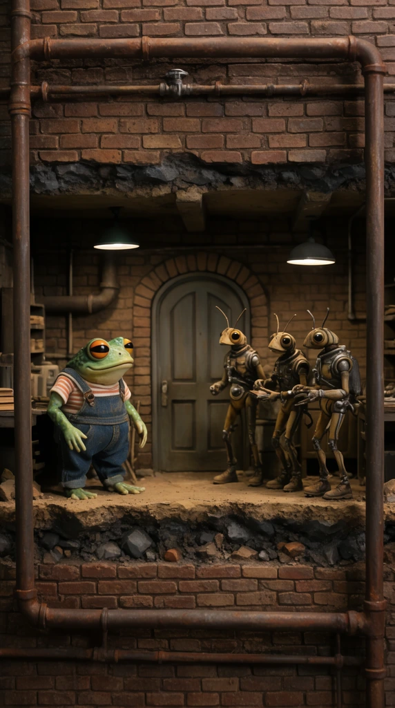 stop-motion diorama, brick basement cross-section framed by rusty pipes, amphibian in overalls, three insectoid mechanics near an arched door, earthy tones, cinematic lighting, orthographic framing