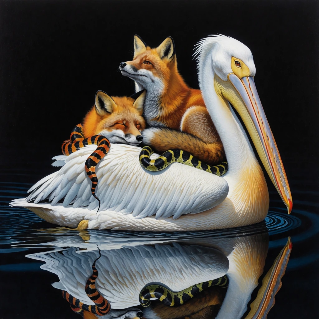 large white pelican on dark rippling water, two red foxes nestled on its back, one alert looking up, one sleeping curled up, vibrant striped snakes intertwined around the foxes, solid black background, crisp mirrored water reflection, hyper-realistic painting, chiaroscuro, high contrast