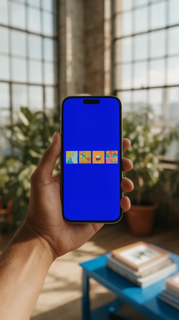 first-person view of a hand holding a sleek smartphone, vivid solid blue screen featuring four small colorful square graphics in a row, shallow depth of field, sharply focused foreground, blurred background of a sunlit loft, large industrial multi-pane windows, warm natural daylight, out of focus green potted plants, blurred blue table with books below, realistic lifestyle photography