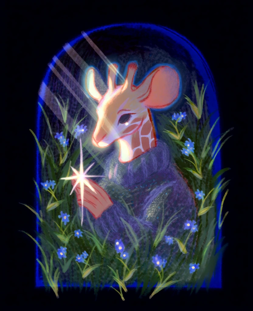 ethereal digital illustration, anthropomorphic hybrid creature with giraffe and mouse features, wearing a cozy knitted sweater, centered within a dark arched niche, surrounded by lush tall grass and tiny blue forget-me-nots, a bright four-pointed star sparkle, diagonal translucent beams of light, painterly brushstrokes, grainy charcoal texture, mystical fantasy aesthetic, vibrant deep blues, rich forest greens, warm ochre highlights, soft glowing edges, whimsical atmosphere.