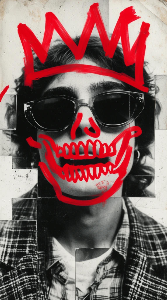 black and white collage portrait of a person in sunglasses and plaid jacket, heavy red graffiti marker overlays, thick red scribbles forming a crude crown above head and skeletal teeth over mouth, fragmented rectangular photo blocks, high contrast gritty mixed media street art style
