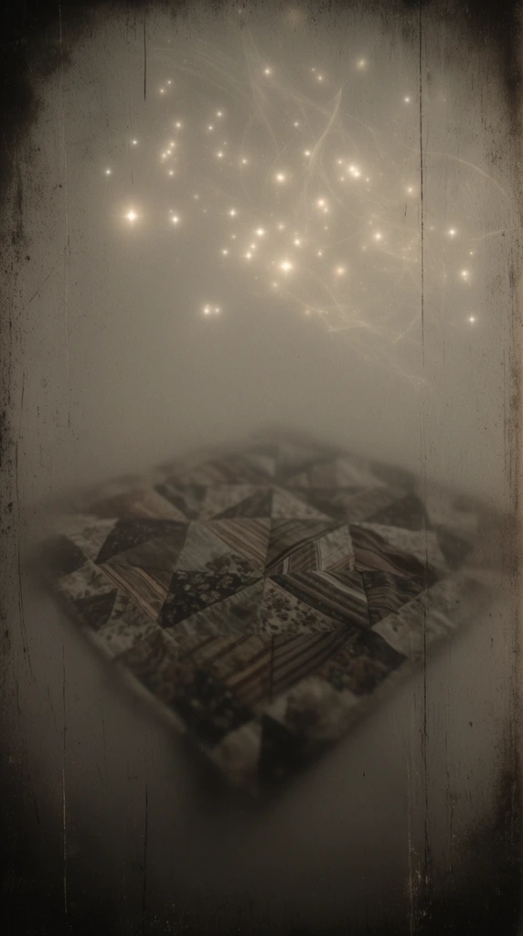 A square quilt constructed from geometric fabric patches with striped and floral patterns, enveloped in a dense, moody fog. The textile emerges from the mist in a sepia-toned, monochromatic palette of warm grays, charcoal, and faded earthy browns. Above the quilt, a cluster of glowing, luminescent, starlike points of light scatters across the upper atmosphere, intermingled with faint, ethereal, wispy light trails. The composition is heavily textured with an aged, distressed vintage photography aesthetic, characterized by heavy film grain, deep atmospheric shadows, and a pronounced dark vignette framing the borders. Prominent vertical scratches and weathered, gritty abrasions run down the surface of the frame, softening the intricate geometric shapes and fabric patterns of the quilt into a deeply atmospheric, softly blurred focal point.