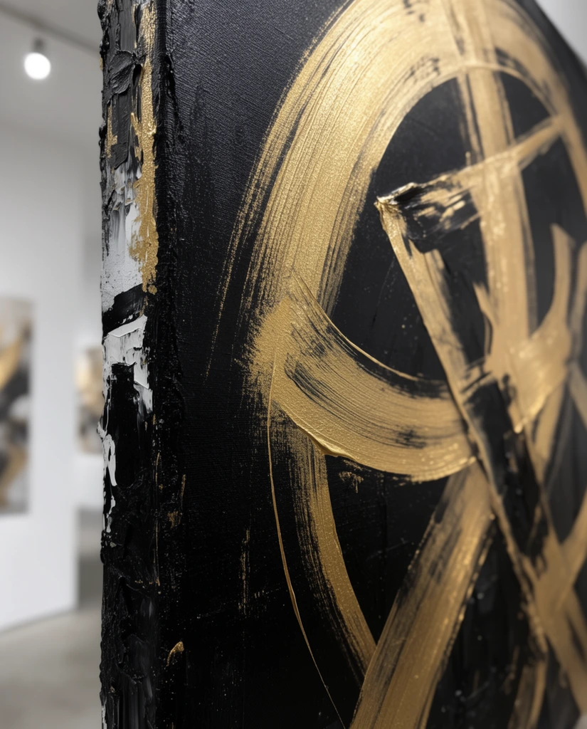 Close-up of a thick textured black canvas featuring large abstract sweeping metallic gold brushstrokes, thick impasto textures on the rough left edge revealing layers of white and black paint, dynamic overlapping curved lines and sharp angled painted shapes, metallic gold against matte black, out-of-focus gallery interior with white walls, single ceiling spotlight, high contrast contemporary abstract painting style, shallow depth of field, macro photography