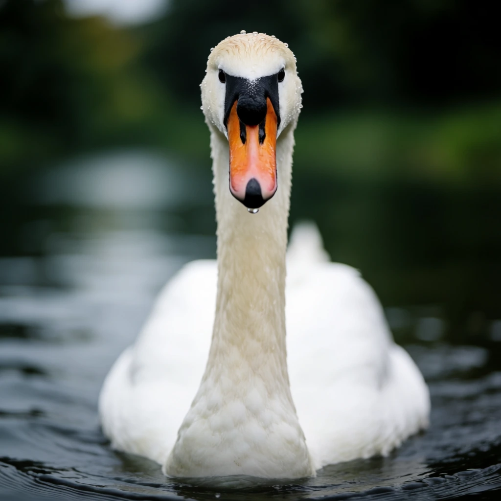 A close-up portrait of a white swan floating on dark rippling water, facing directly toward the camera. The bird features pristine white plumage, a long straight vertical neck, and a vibrant orange beak with a prominent black basal knob. Tiny water droplets cling to its head and beak. The background is heavily blurred with a shallow depth of field, displaying soft dark greens and a smooth bokeh effect. Soft natural lighting highlights the sharp focus on the swan's face, emphasizing the high contrast between the bright white feathers and the moody aquatic environment.