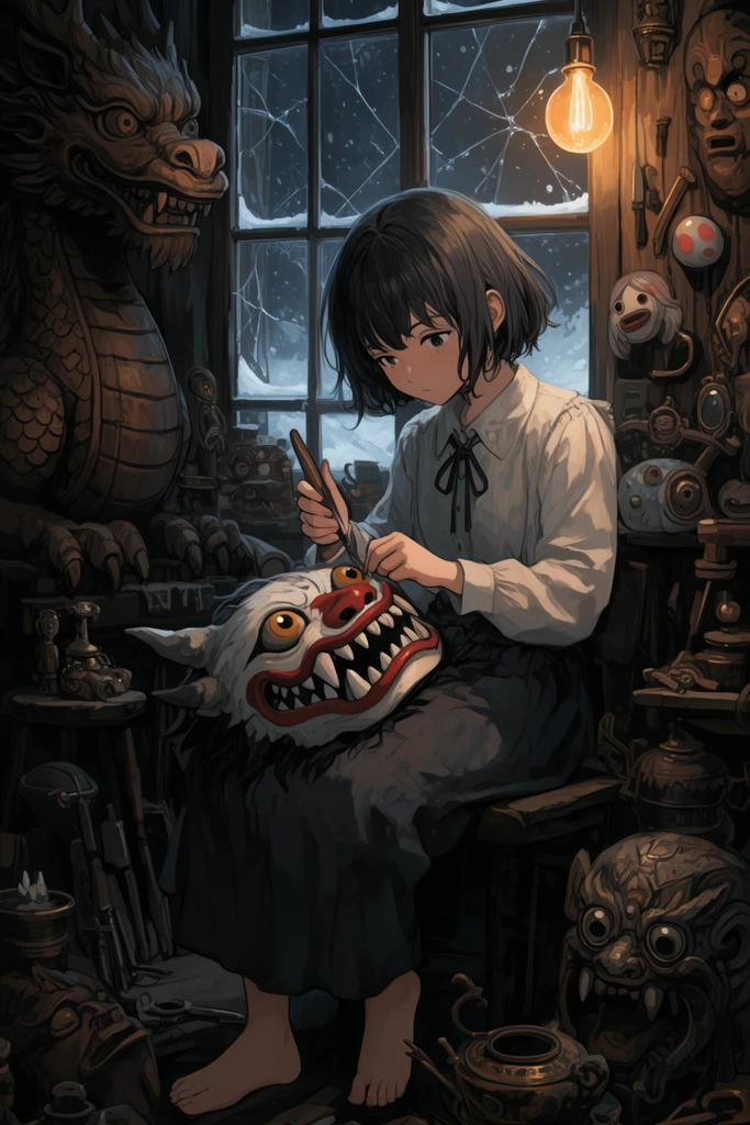 barefoot girl with short dark hair repairing a toothy monster mask on her lap, dark workshop cluttered with strange artifacts, large wooden dragon statue, cracked window showing snow, warm hanging bulb illuminating her face against cool moody shadows, highly detailed anime-style digital illustration