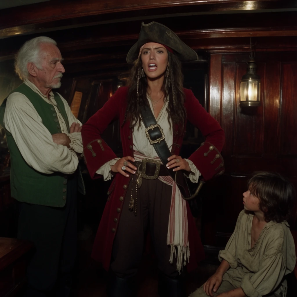 tall female pirate in a crimson coat with hands on hips speaking forcefully, elderly man in green vest standing left with arms crossed, young boy in rags sitting right looking up, dark mahogany ship cabin, dim lantern light, dramatic cinematic shadows, 35mm film, widescreen
