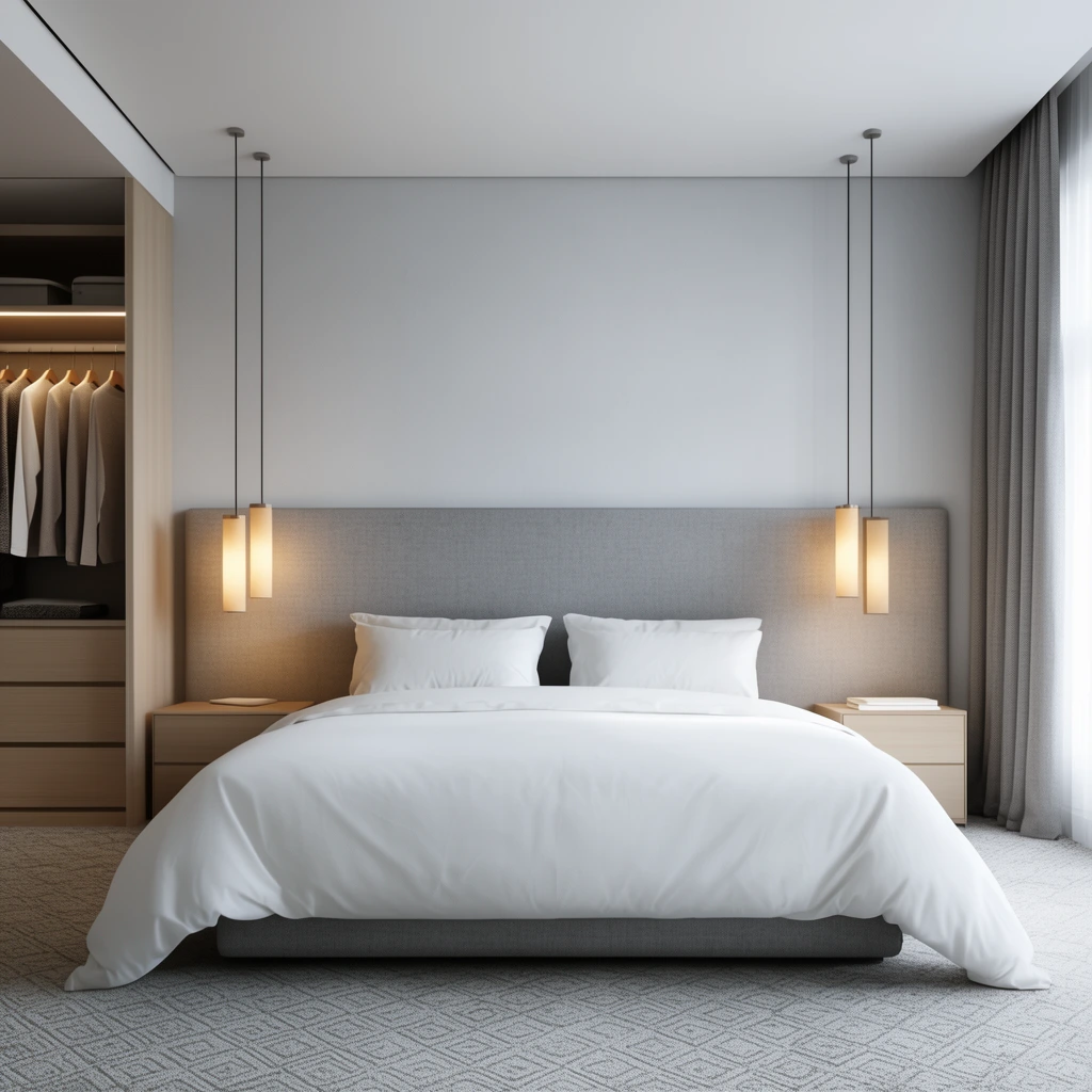 A minimalist modern bedroom centered on a large bed with crisp white linens against a wide grey upholstered headboard. Warm cylindrical pendant lights hang above light wood nightstands. An open closet reveals neatly hung garments to the left. Soft diffused light illuminates the light grey walls and patterned carpet.