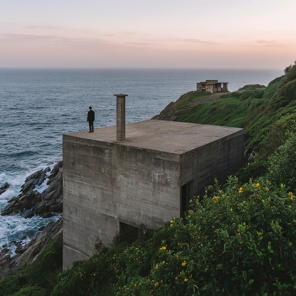 A lone figure stands atop a monolithic, flat-roofed brutalist concrete structure built into a steep, verdant coastal cliff overlooking the ocean. The raw, textured rectangular building features a prominent narrow chimney extending from the expansive roof where the person, wearing dark clothing, gazes toward the dark blue sea. Lush green bushes with scattered yellow blooms frame the right foreground. To the left, waves crash against jagged coastal rocks. A smaller weathered concrete ruin rests on a distant grassy headland under a soft gradient sky of pale pink and muted blue, captured with wide-angle landscape framing and serene, diffused lighting.