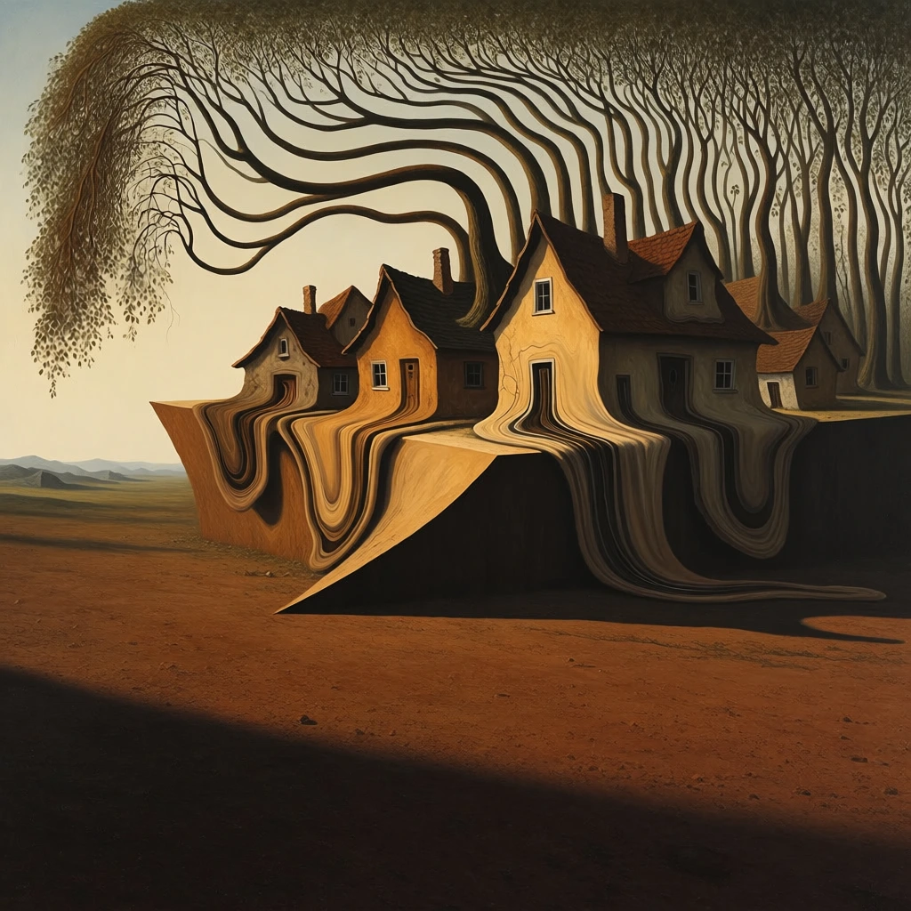 surrealist landscape featuring a multi-gabled house melting and sagging over a sharp geometric ledge, beneath a canopy of sparse trees with branches drooping like soft fabric, a barren brown desert floor, dramatic long shadows stretching toward a distant blue sea and golden horizon, a luminous palette of ochre and cerulean, hyper-realistic textures, dreamlike atmosphere of quiet desolation, soft ethereal lighting, fading twilight sky, uncanny distorted forms, haunting stillness