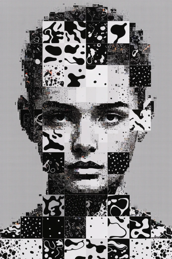 A digital glitch-art portrait of an androgynous figure built from large square blocks filled with high-contrast black-and-white organic shapes, fluid blobs, and dotted patterns. The mosaic forms a head and shoulders silhouette against a fine-grained grey grid background, blending macro-pixelation with chaotic micro-details.