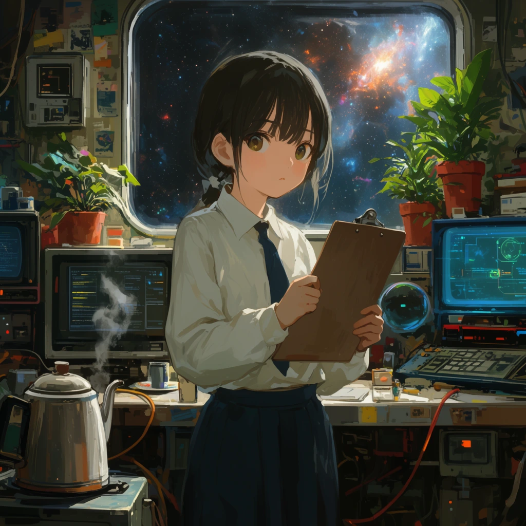young anime girl holding clipboard, cluttered retro-futuristic cabin, steaming kettle, glowing monitors, window view of space, potted plants, atmospheric digital painting