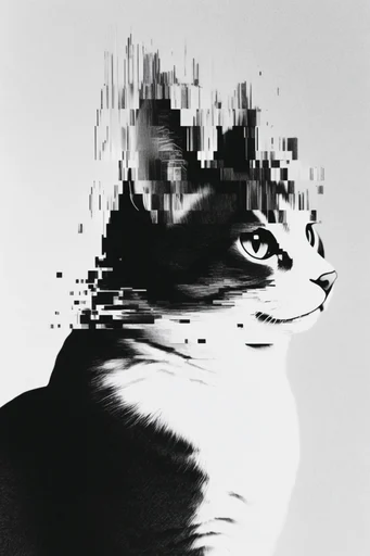 Monochrome Glitch Noir style reference image — high-contrast black and white