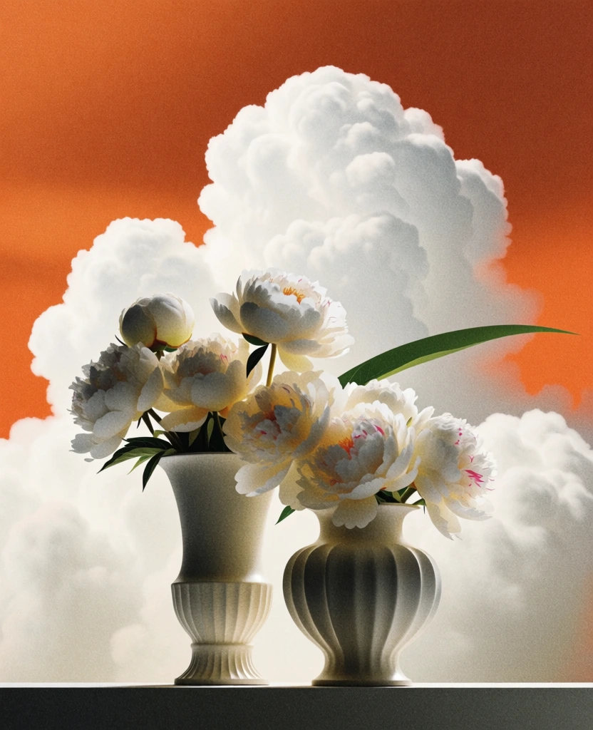minimalist composition, elegant ceramic vases holding a lush bouquet of peonies, dramatic backdrop of towering fluffy white clouds, vibrant burnt orange sky, high-contrast backlighting, heavy grain texture, stippled noise effect, vintage analog aesthetic, warm ochre and saturated orange color palette, surreal dreamlike atmosphere, organic paper-like finish, simplistic forms, dramatic scale, grainy cinematic film stock, soft white glowing highlights on petals and clouds