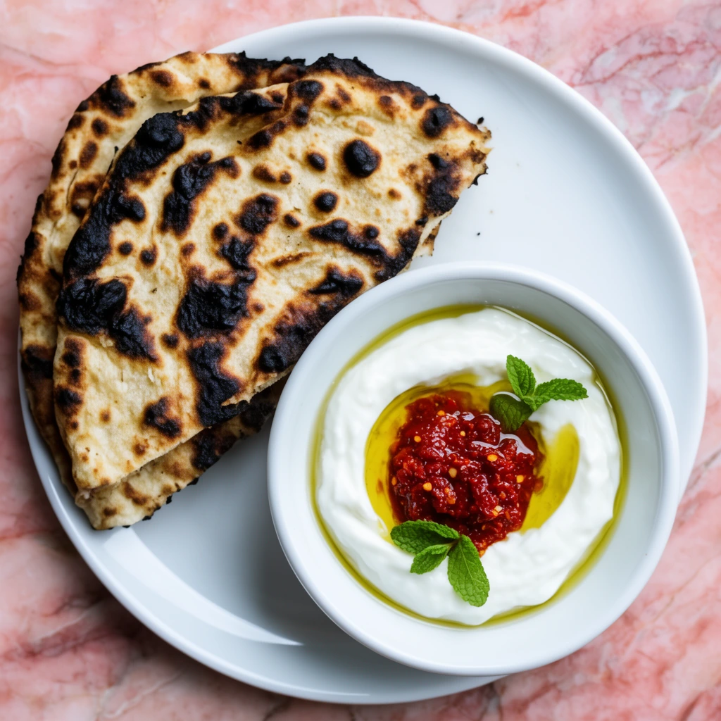 top-down close-up, folded charred flatbread, small white bowl of thick yogurt topped with olive oil, red chili paste, mint garnish, white ceramic plate, pink veined marble background