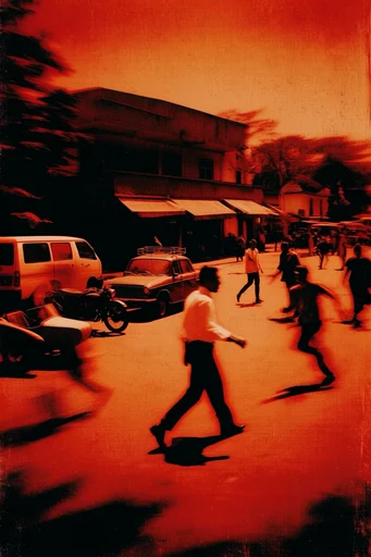 Crimson Kinetic Surrealism style reference image — duotone red and orange