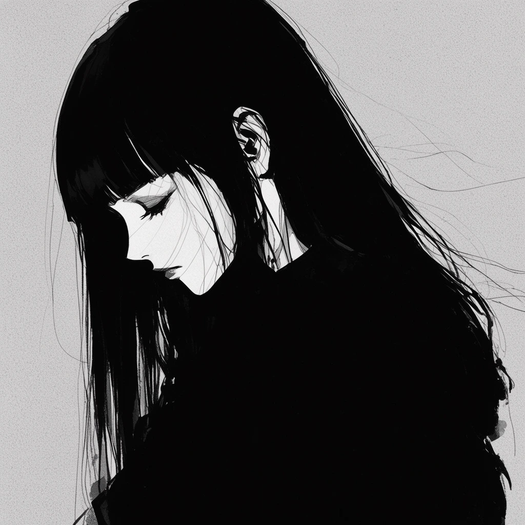 A stark monochrome illustration portrays a young woman in profile with her head bowed downward. Her long, straight black hair features blunt bangs, with fine, wispy stray strands drifting across her pale face and extending outward. She possesses delicate facial features, a sharp jawline, and heavily shadowed closed eyes. She wears a bulky black garment that merges seamlessly with the dark masses of her hair. The background is a flat, light gray canvas with a subtle stippled grain, creating a high-contrast void that emphasizes the deep blacks of the subject through expressive, manga-inspired linework and bold graphic shapes.