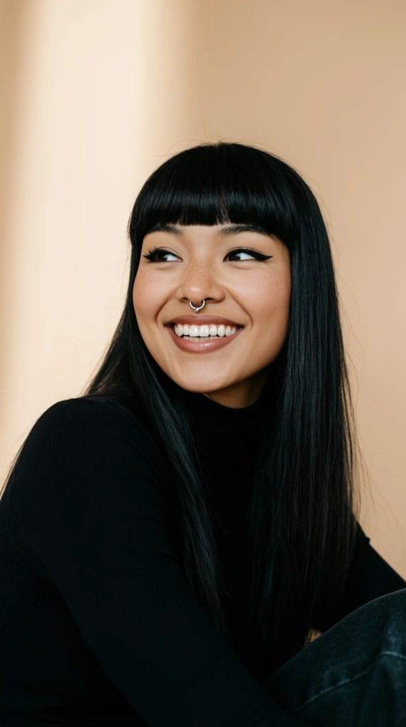 A close-up portrait of a cheerful young woman with long straight black hair and thick blunt bangs looking off-camera to the left with a wide, radiant smile. She features a silver septum piercing, winged black eyeliner, and subtle freckles on her warm complexion. She wears a fitted black ribbed long-sleeved turtleneck, with a hint of dark denim fabric visible in the lower right foreground. The background is a minimalist, solid warm beige backdrop with a gentle vertical light falloff. Shot with sharp focus on her face and a shallow depth of field, the natural studio lighting highlights the smooth texture of her hair and skin, creating a striking contrast between her dark silhouette and the soft neutral setting.