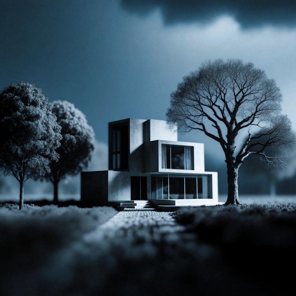 a centrally located modern house with geometric sections and glass windows, a large skeletal bare tree to the right, two lush leafy trees on the left, a textured path leading to the house in the foreground, heavy dramatic clouds, high-contrast monochromatic cool blue-grey palette, moody cinematic lighting, shallow depth of field with sharp foreground detail fading into soft background bokeh, architectural precision, sleek lines, deep shadows, atmospheric grainy texture, somber mood.