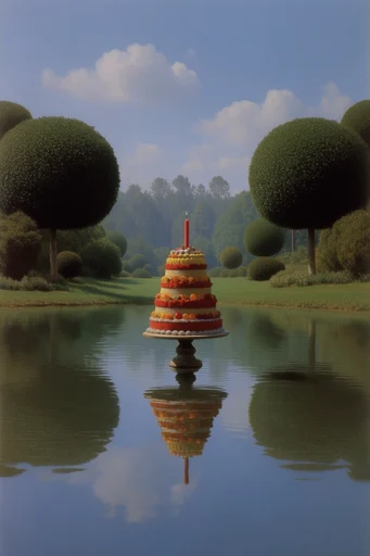 Surreal Liminal Pastoralism style reference image — manicured green fields