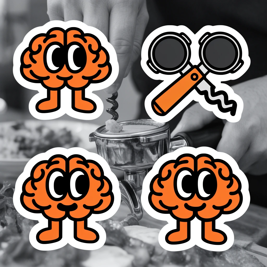 vibrant cartoon sticker overlays on a monochrome photo of hands preparing food, flat vector orange brain characters, crossed portafilter and corkscrew, thick black outlines, high contrast